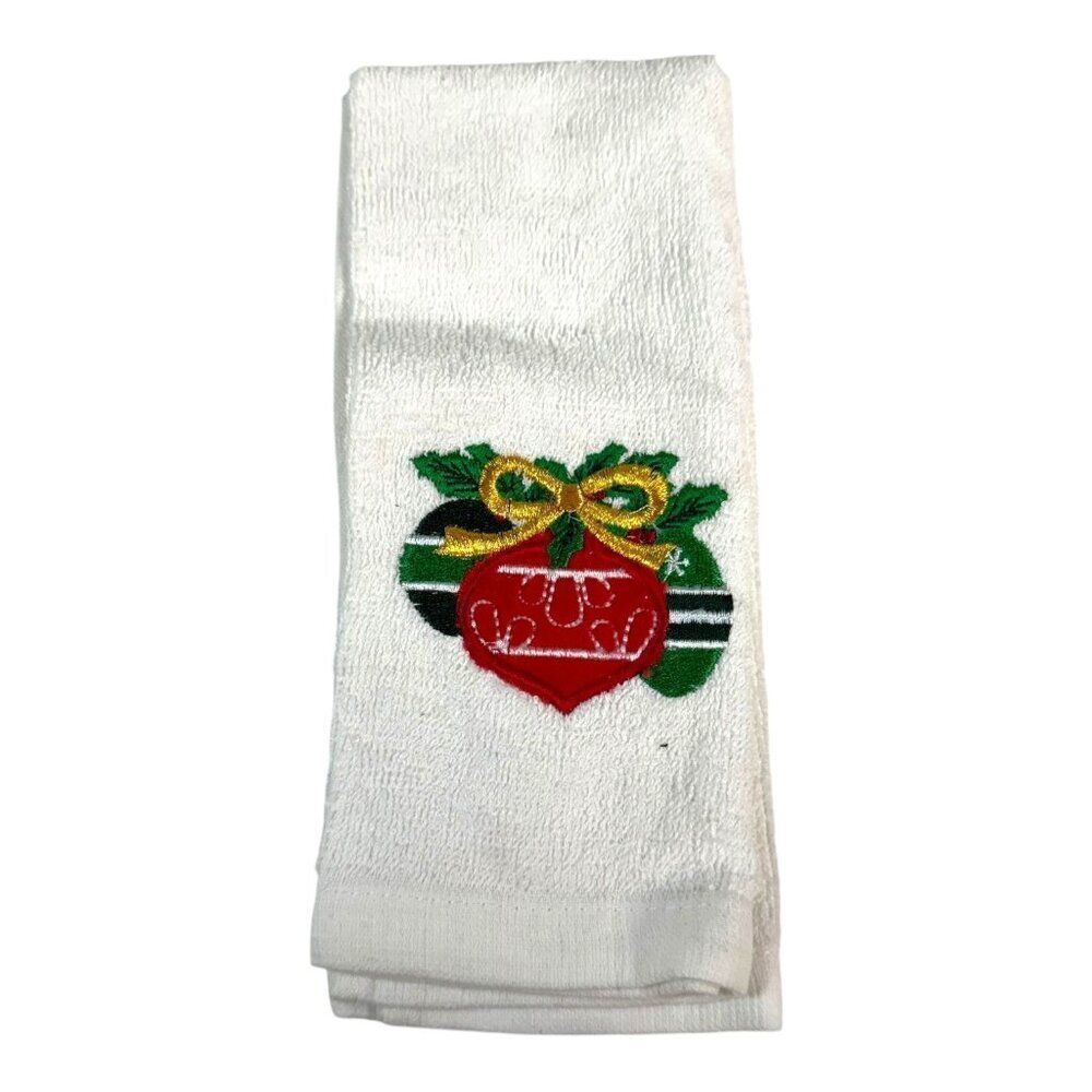 Holiday Kitchen Towel w/ Festive Ornament Embroidered Vintage 100% Cotton White